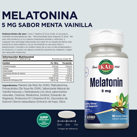 KAL Melatonina 5 mg Sabor Menta Vainilla 90 tab