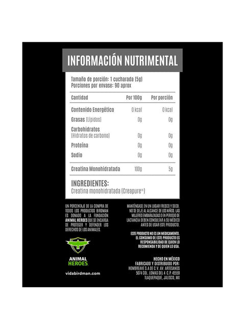 Creatina Monohidratada de Alta Pureza  450 gr- Birdman