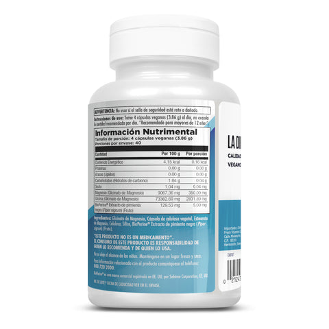 Glicinato de Magnesio KAL- Adicionado con BioPerine / 160 cápsulas