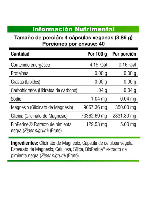 Glicinato de Magnesio KAL- Adicionado con BioPerine / 160 cápsulas